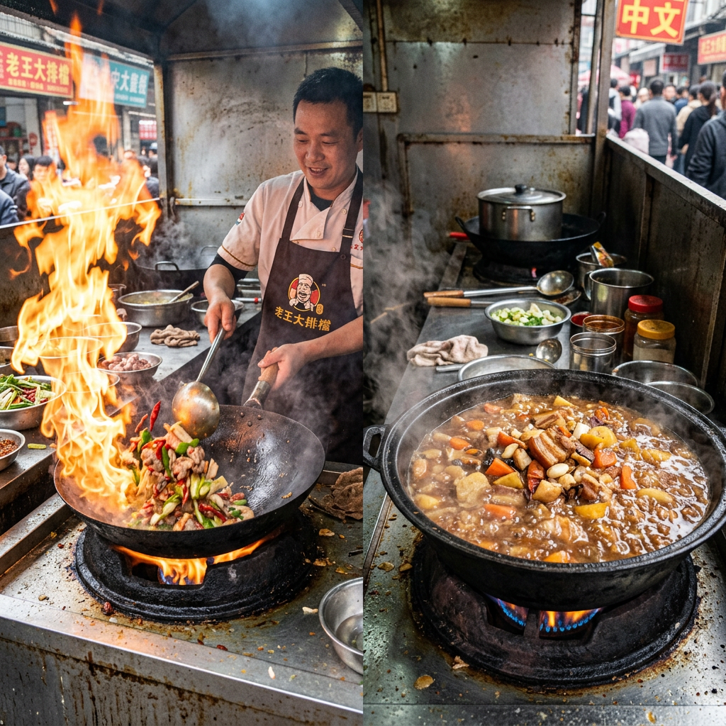 Vendor cooking a flaming wok dish beside a simmering pot at a Chinese street stall