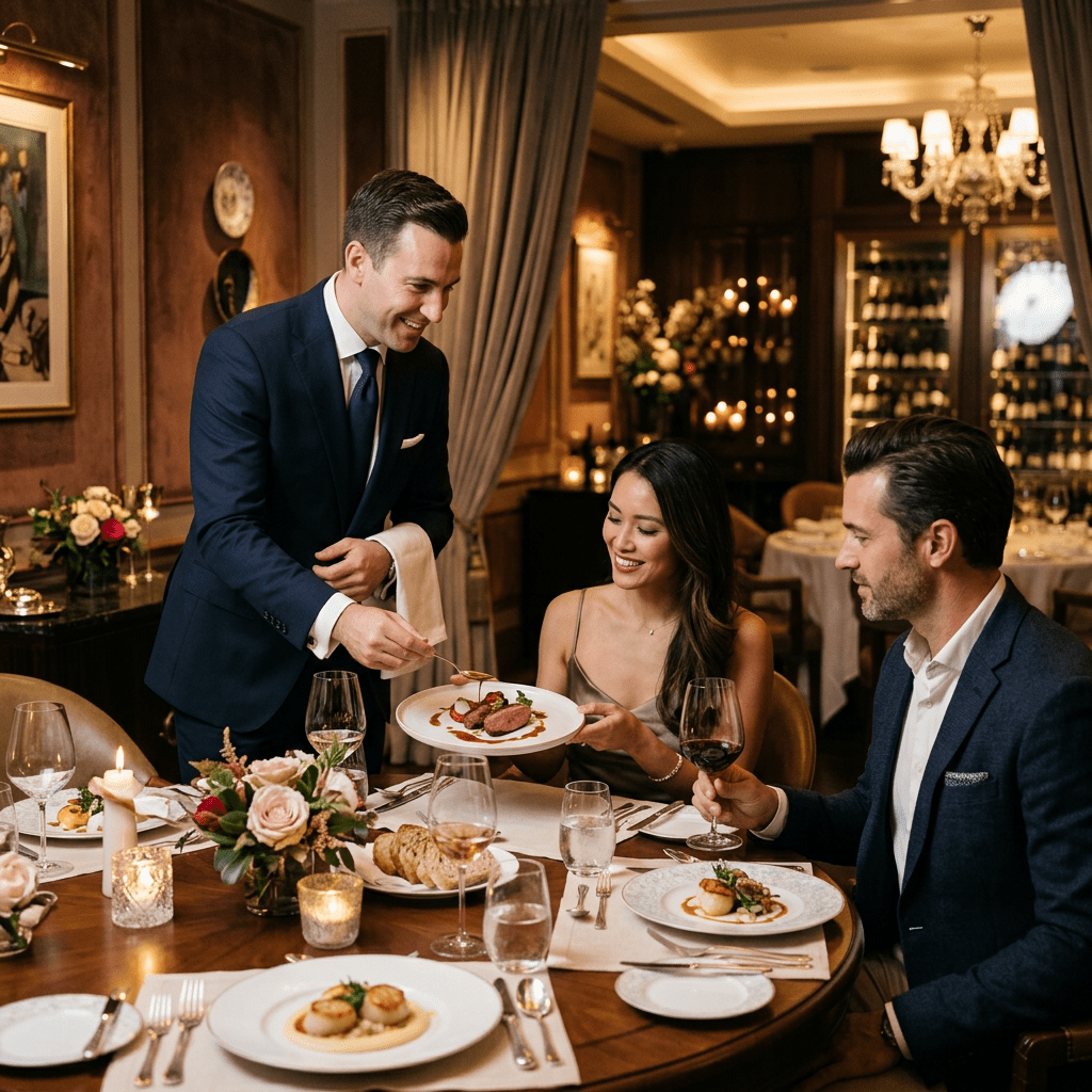 Waiter presenting a plated dish to two diners at an elegant restaurant